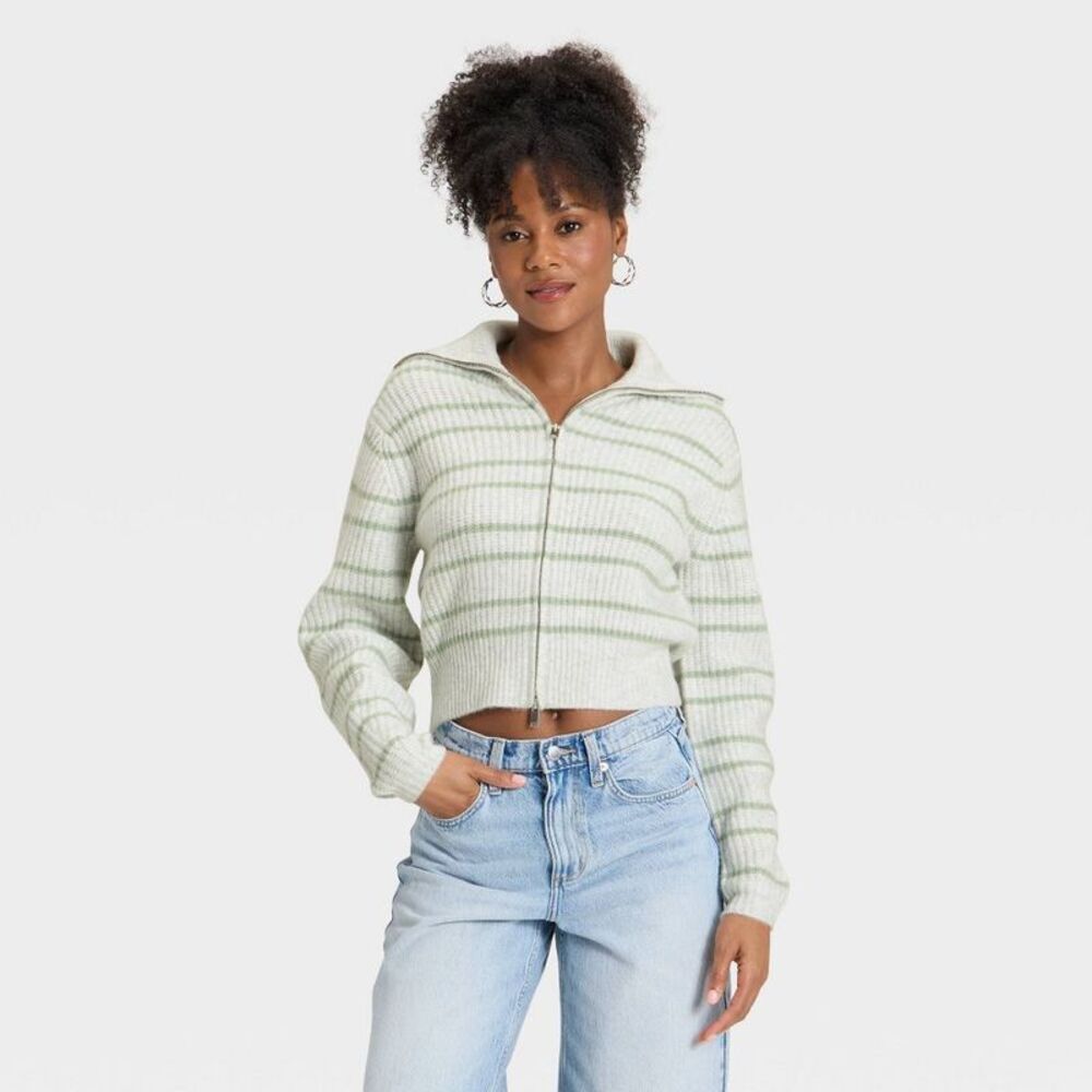 Women's Full Zip Cardigan - Universal Thread Green Striped XS
